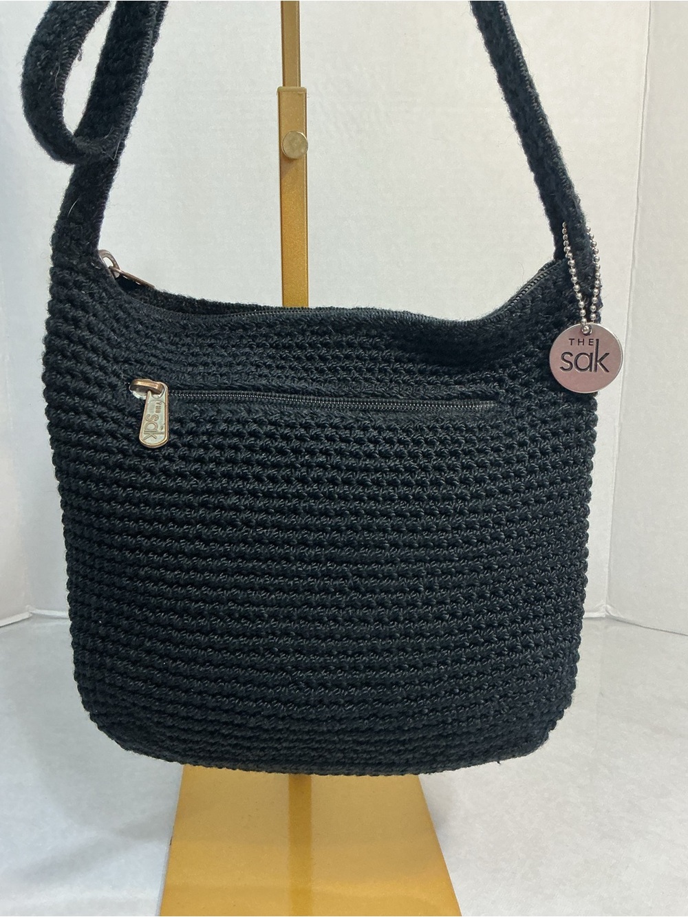 The Sak Black Crochet Knit Shoulder Hobo Bag Boho Zip Soft Casual